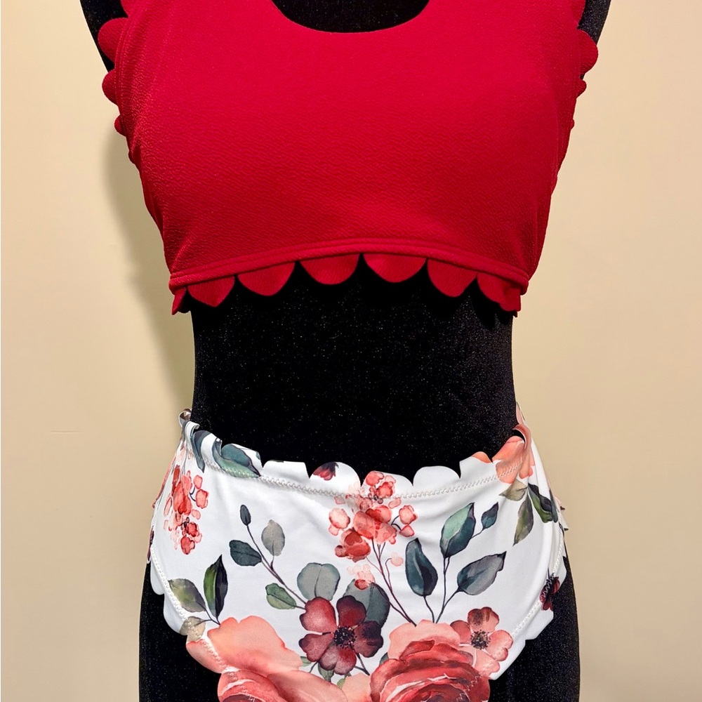 Red Scalloped Bikini Top with Floral Bottoms